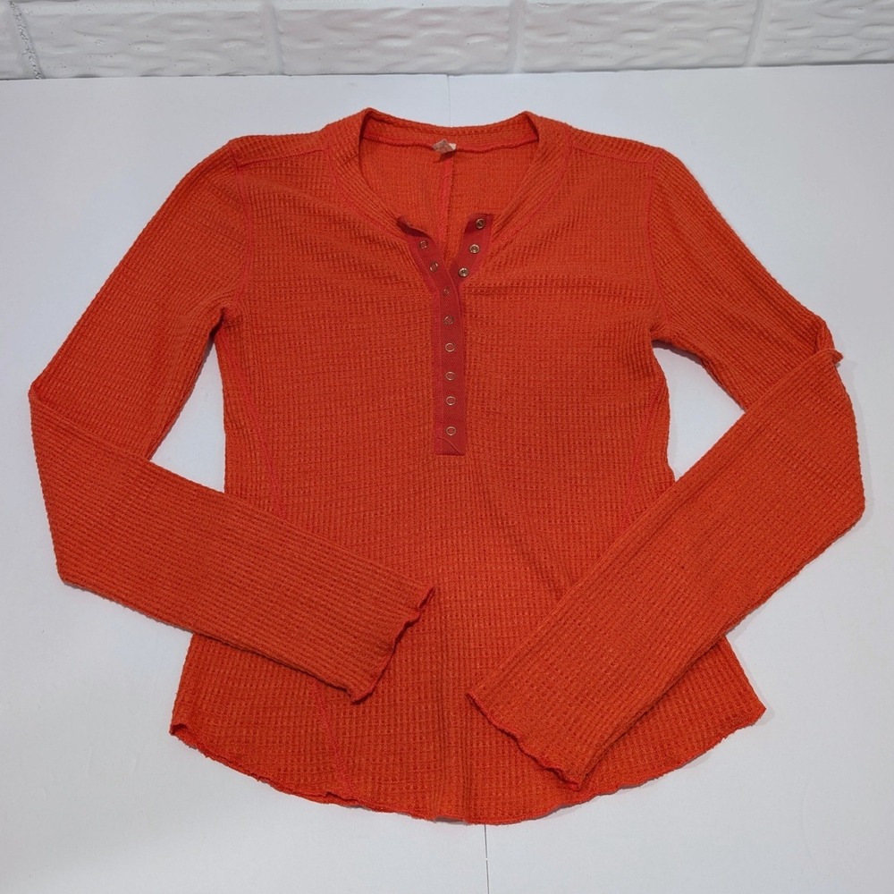 Intimately Free People Orange Waffle Knit Thermal Henley Top Long Sleeve Large